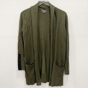Market & Spruce Open Front Longline Cardigan Sweater Green Faux Leather Trim M